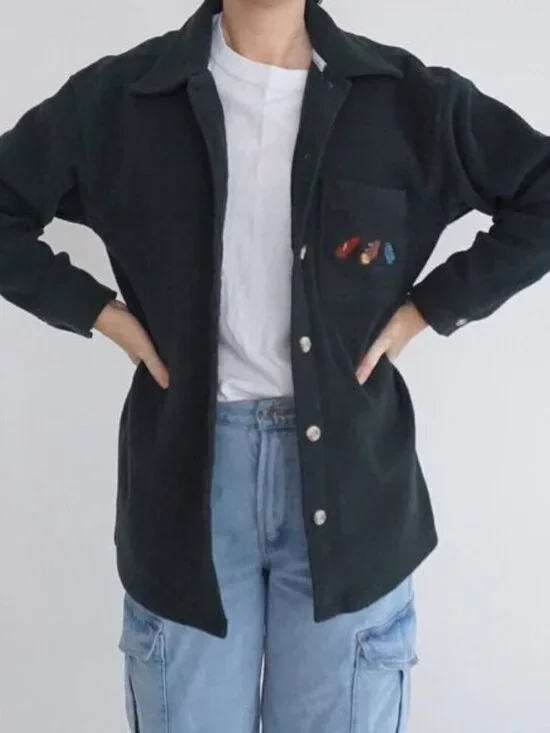 Vintage '90S Cherokee Hunter Green Embroidered Feathers Button Up Shacket S - Picture 2 of 10